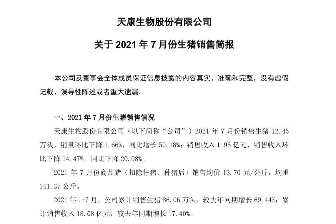 天康生物上半年净利润同比预降超60%生猪销售价格波动有影响