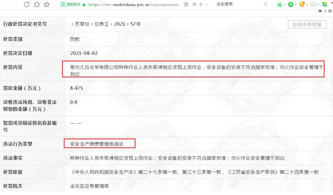 点击看大图 久日新材一全资子公司被罚8.475万元:特种作业人员“无证”上岗作业等三大行为违法