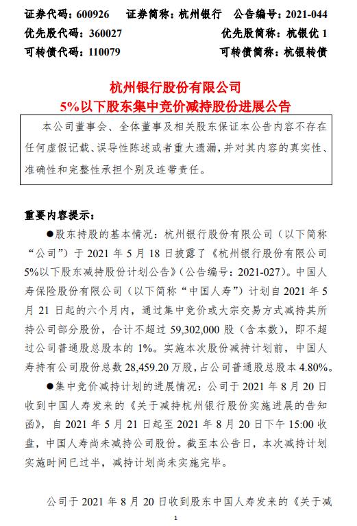 杭州银行股东中国人寿尚未减持股份减持计划实施时间已过半