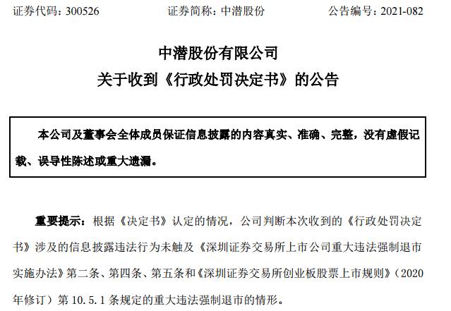 中潜股份(300526):因虚增营业收入收到证监会处罚