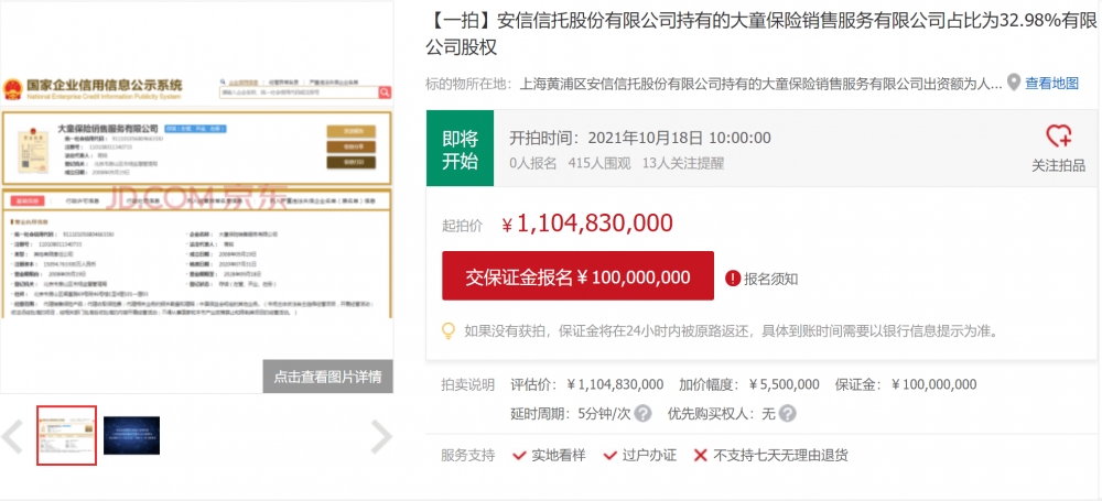 大童保险大股东将易主安信信托所持33%股权11亿元司法拍卖