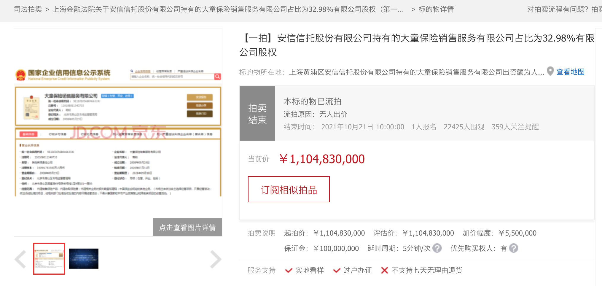 安信信托所持大童保险逾32%股权流拍,1人报名、无人出价