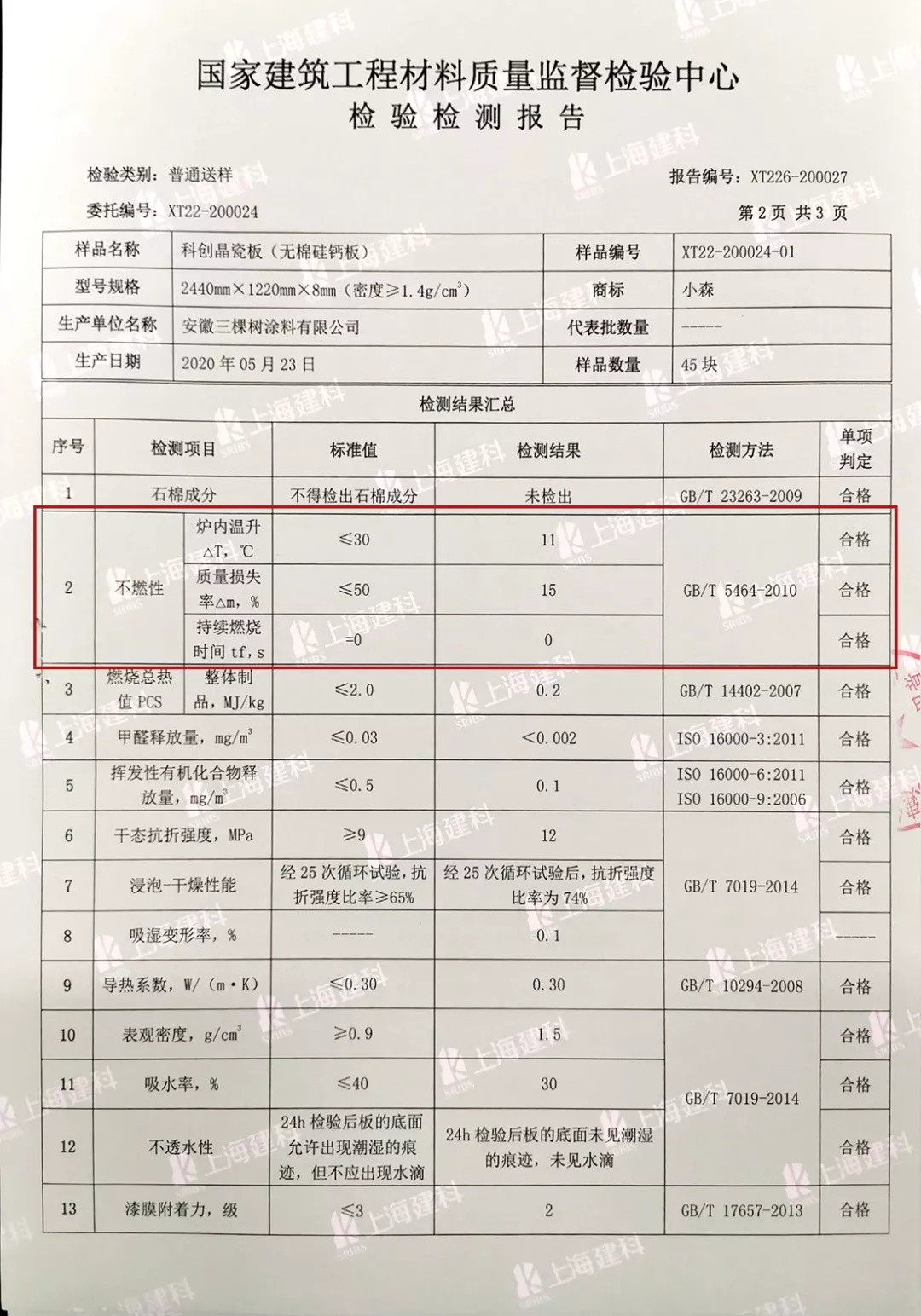小森科创晶瓷板阻燃性能检测报告 小森科创晶瓷板阻燃性能检测报告