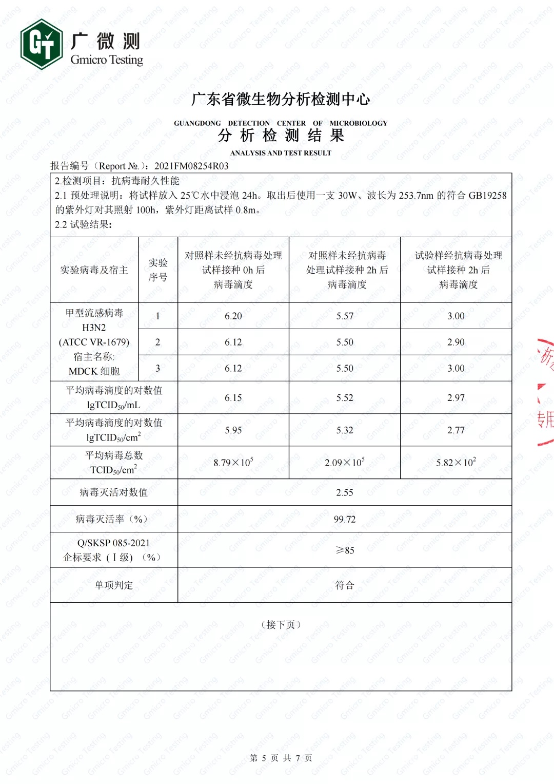 小森科创晶瓷板抗病毒检测报告 小森科创晶瓷板抗病毒检测报告