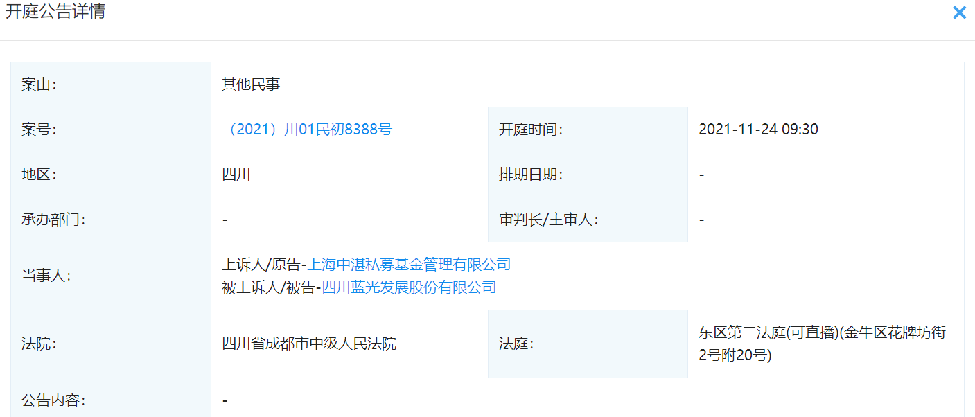 中湛私募基金状告蓝光发展,案 中湛私募基金状告蓝光发展,案