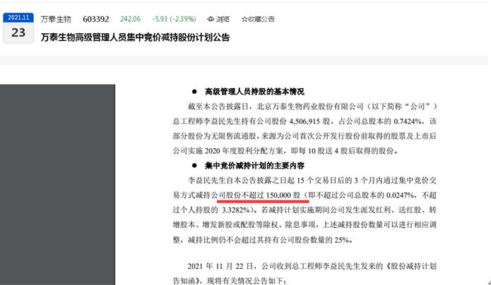 点击看大图 上市不到两年、万泰生物频现高管减持:总工程师李益民计划减持不超15万股、年内已被多名高管“高价位”减持