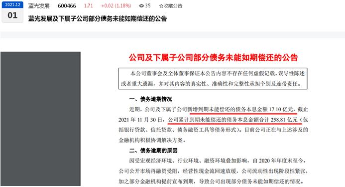点击看大图 蓝光发展新增违约债务17.10亿元、累计违约债务高达258.81 亿元目前遭到多家金融机构及合作方起诉