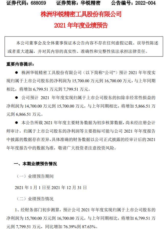 华锐精密2021年预计净利1.57亿-1.67亿同比增长76.39%