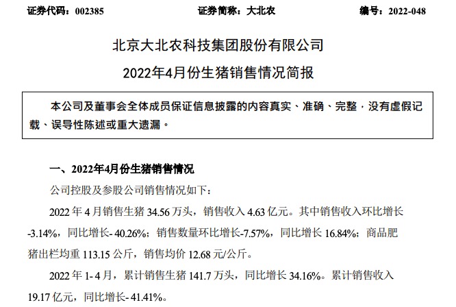 大北农4月份销售收入4.63亿元,同比下降40.26% 大北农4月份销售收入4.63亿元,同比下降40.26%