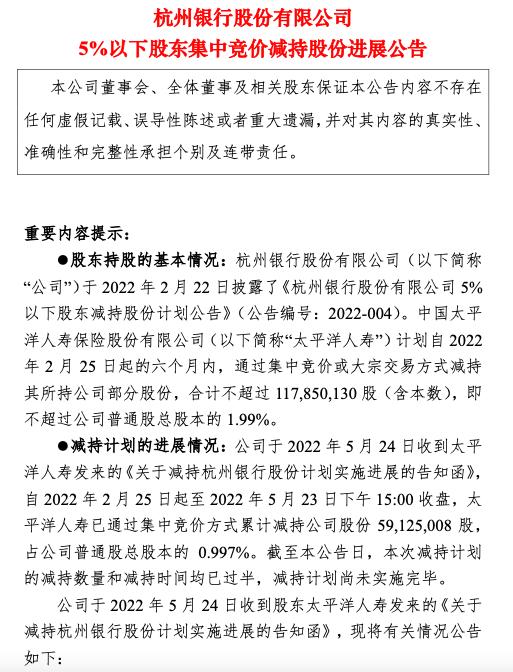 点击看大图 杭州银行:太平洋人寿已减持5912.5万股减持数量和时间均过半