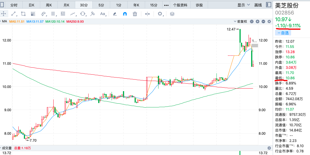 截至发稿美芝股份盘中跌9.11%一度触及跌停 截至发稿美芝股份盘中跌9.11%一度触及跌停