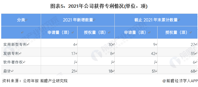 图表5:2021年公司获得专利情况(单位:项)