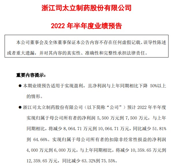 点击看大图 业绩暴雷?司太立预计上半年净利同比腰斩!公告前股价离奇大跌,机构提前跑路,股民质疑:中报信息是否提前泄露?