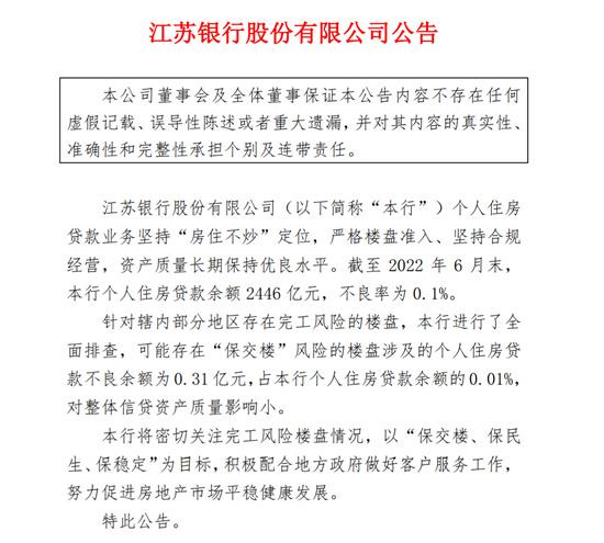 江苏银行表示可能存在“保交楼”风险的楼盘涉及的个人住房贷款不良余额为0.31亿元
