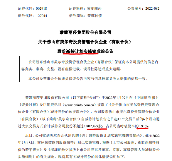 蒙娜丽莎:股东完成减持0.91%股份上半年公司业绩受累于房地产等转亏 蒙娜丽莎:股东完成减持0.91%股份上半年公司业绩受累于房地产等转亏