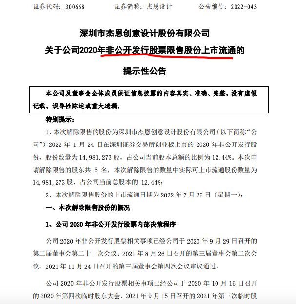 杰恩设计:5名股东约1498.13万股限售股将于7月25日上市流通 杰恩设计:5名股东约1498.13万股限售股将于7月25日上市流通