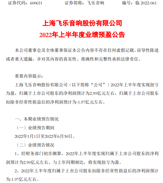 飞乐音响上半年预计净利2.99亿,同比扭亏为盈,股权转让形成投资收益 飞乐音响上半年预计净利2.99亿,同比扭亏为盈,股权转让形成投资收益