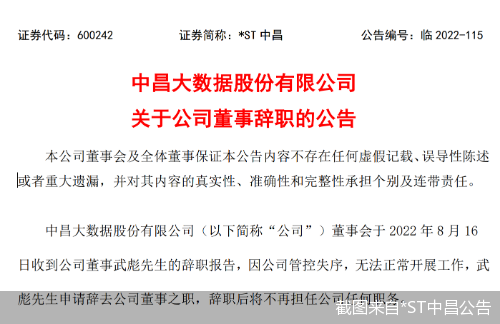 截图来自*ST中昌公告