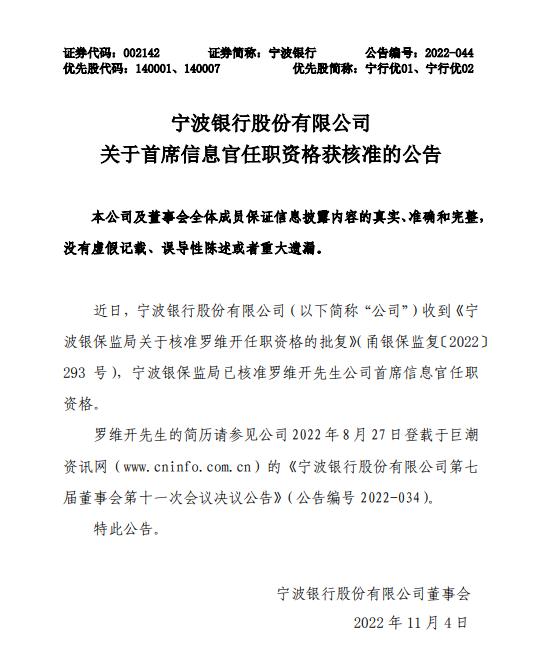 点击看大图 宁波银行:首席信息官罗维开任职资格获批