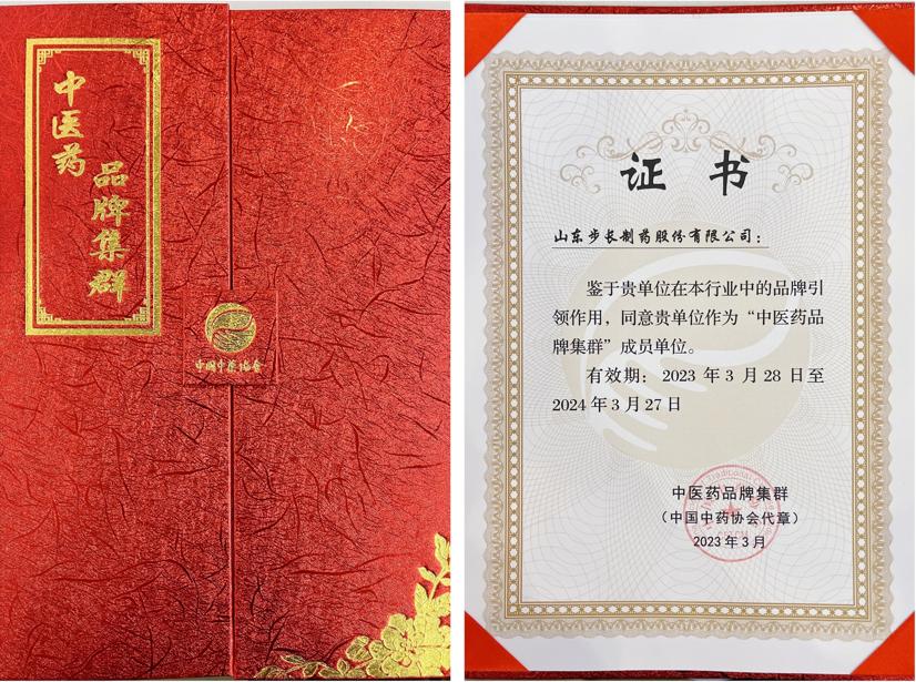 点击看大图 图片步长制药荣获“中医药品牌集群”证书