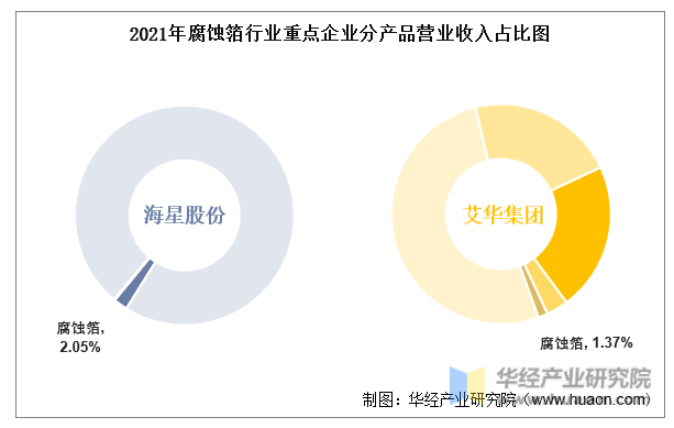 2021年腐蚀箔行业重点企业分产品营业收入占比图