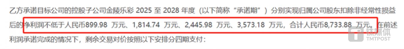 金陵乐彩业绩承诺,图源:公司公告