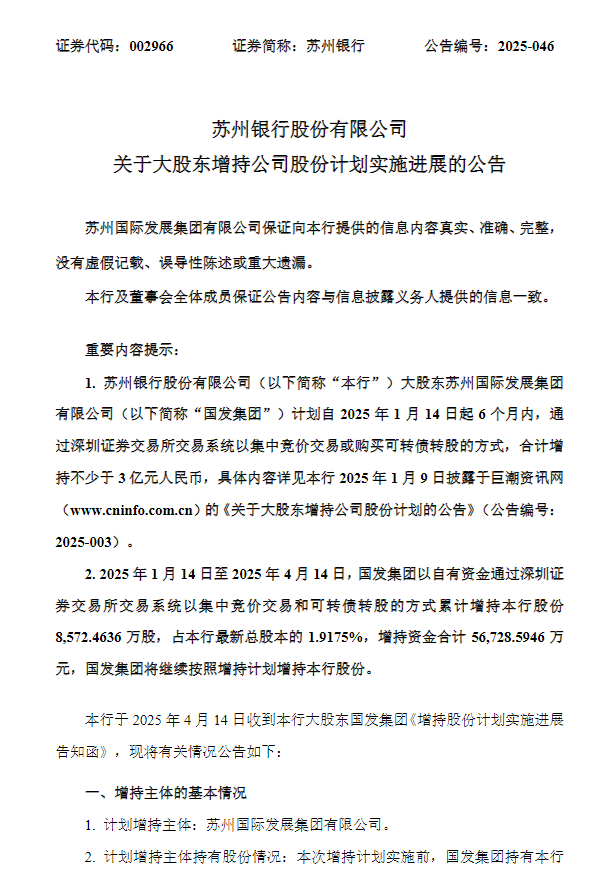 苏州银行大股东增持计划进展顺利已投入5