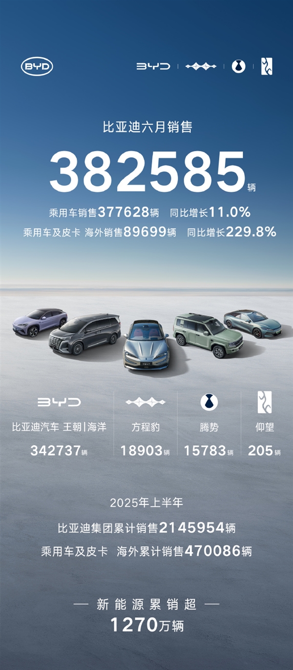 比亚迪6月销售382585辆！今年已突破200万辆大增33%