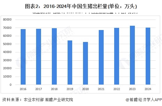 图表2：2016-2024年中国生猪出栏量(单位：万头)