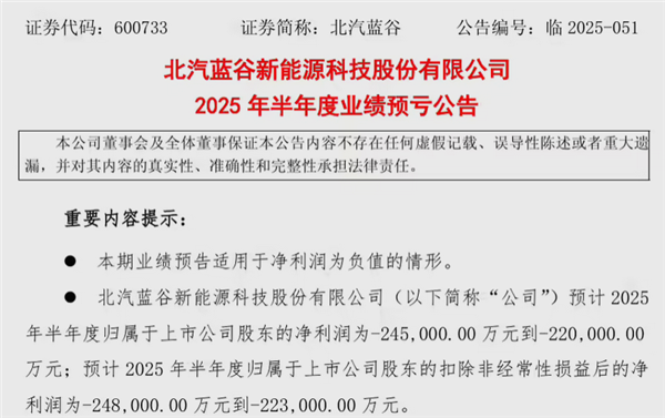 北汽蓝谷财报预警:上半年亏损或达24.5亿元