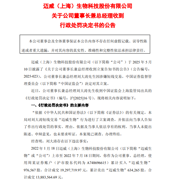 迈威生物董事长违规交易3318万被罚背后:十年连亏超57亿,核心产品市场遇冷,港股IPO陷停滞