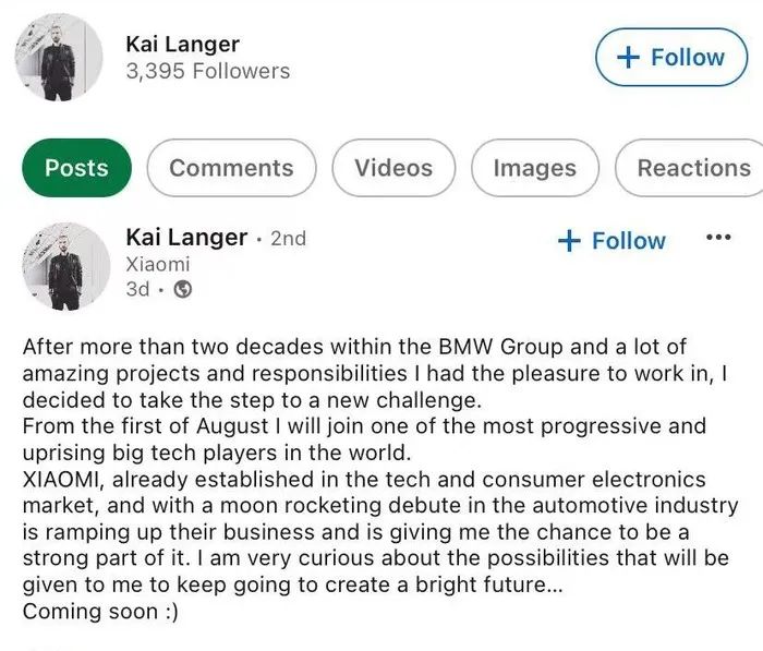 Kai Langer在领英宣布加入小米