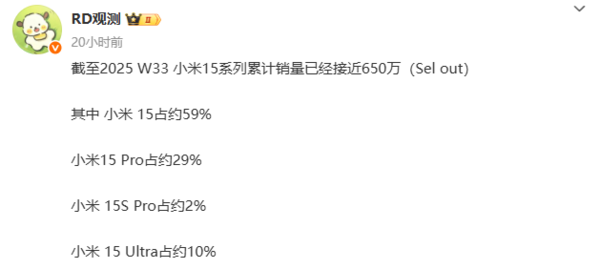 曝小米15系列累计销量接近650万台标准版占比近6成
