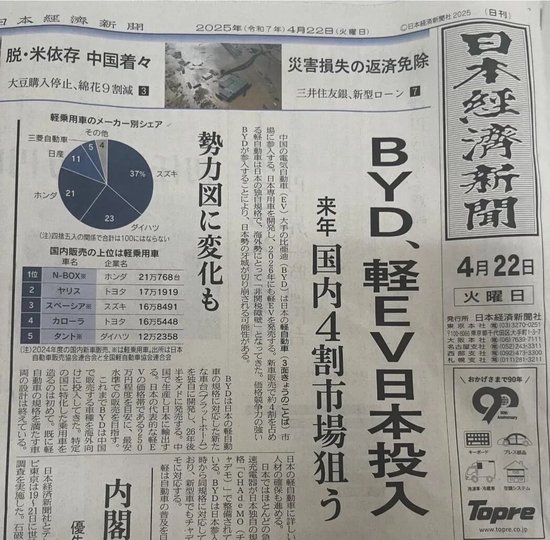 比亚迪官宣当天，日经刊发报纸