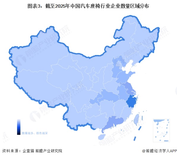 图表3：截至2025年中国汽车座椅行业企业数量区域分布