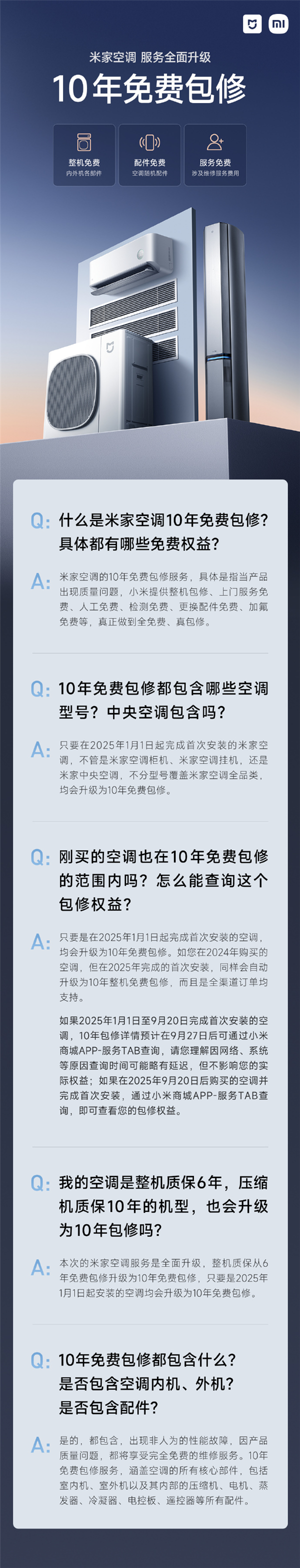 不止十年包修！米家空调支持智能识别缺氟/软硬件等故障：主动报警通知