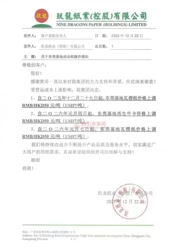 ���Ǽۺ�֪ͨ������ֽҵ2025��12��29�ա�2026��1��4�ա�7�ն�ݸ��������ֽ������ţ��ֽ�۸��ϵ�