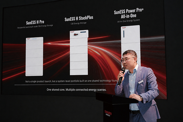 Wei Ren, General Manager of European Sales at Sunwoda Energy, speaks at the ��One Core, All Scenes�� Product Launch during Intersolar & ees Europe 2026.